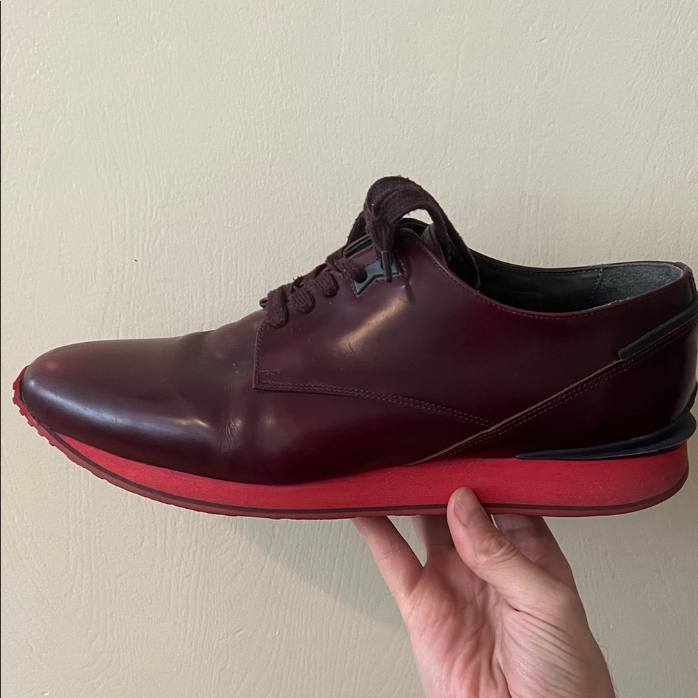 Kenzo Men's 44/10.5 Burgundy Leather Lace-Up Shoe with Red Sole